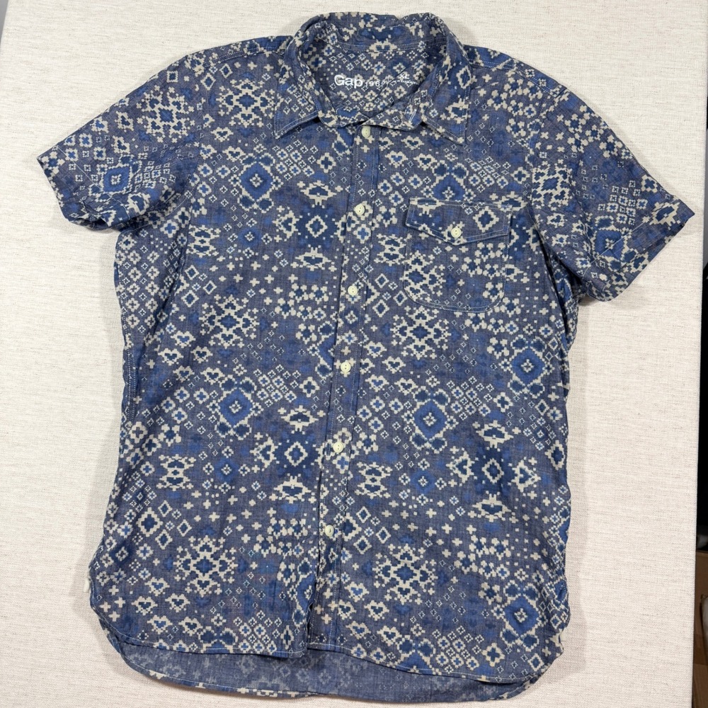 Gap Button Down Shirt Mens XL Blue Good Geometric Ikat Short Sleeve 421594